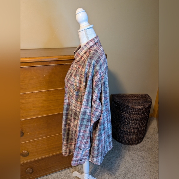 Upcycled Distressed Bleached Plaid Flannel Button Down Shirt Women’s Large - Picture 6 of 12